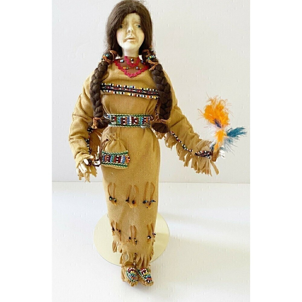 Francesca Native American Woman Porcelain Doll Figurine Handmade w/Stand Feather